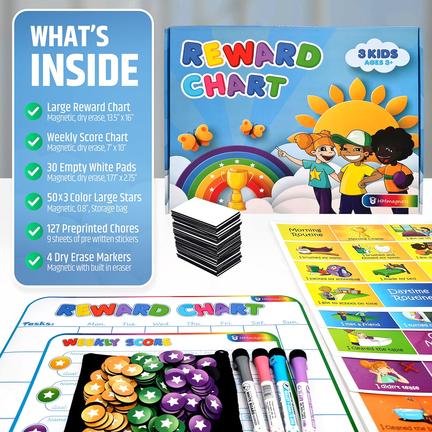 Large Magnetic Reward Chart for Kids - 127 Pre-Written Stickers (Including Potty Training) + 30 Customizable Chores - Behavior, Responsibility & Incentive Routine Star Chart for Fridge (1 Kid Version)
