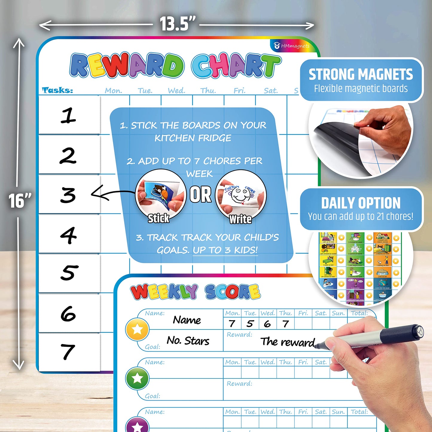Large Magnetic Reward Chart for Kids - 127 Pre-Written Stickers (Including Potty Training) + 30 Customizable Chores - Behavior, Responsibility & Incentive Routine Star Chart for Fridge (1 Kid Version)