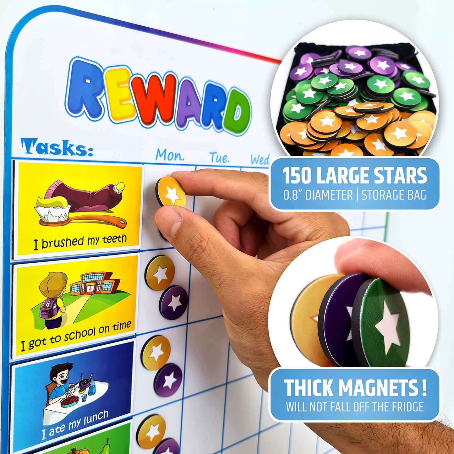 Large Magnetic Reward Chart for Kids - 127 Pre-Written Stickers (Including Potty Training) + 30 Customizable Chores - Behavior, Responsibility & Incentive Routine Star Chart for Fridge (1 Kid Version)